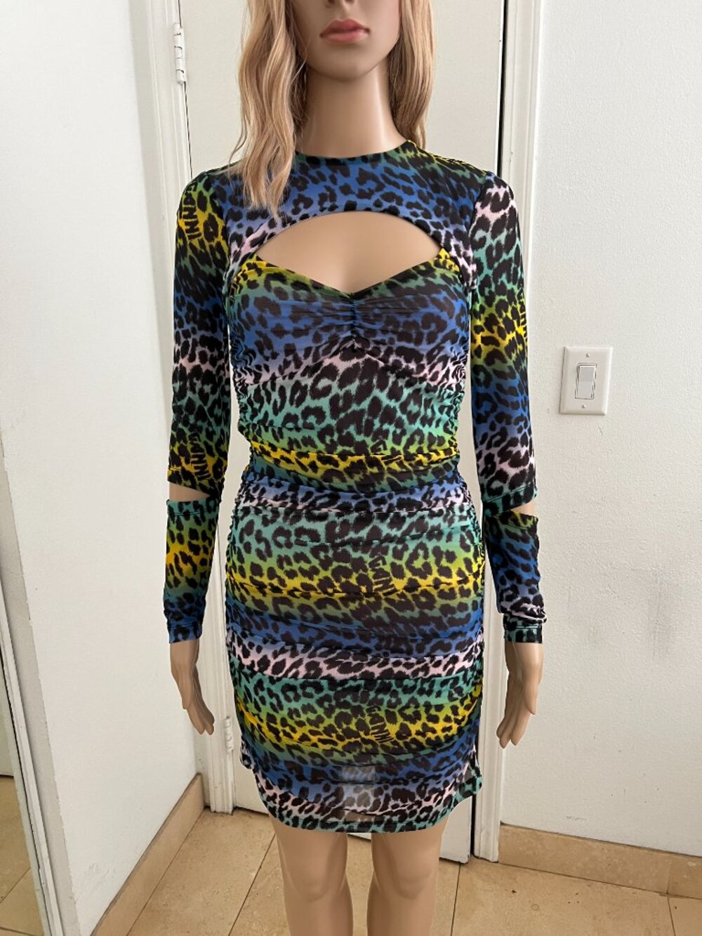 Ganni Multicolor Leopard Ruched Mesh Cutout Mini Dress Size 32